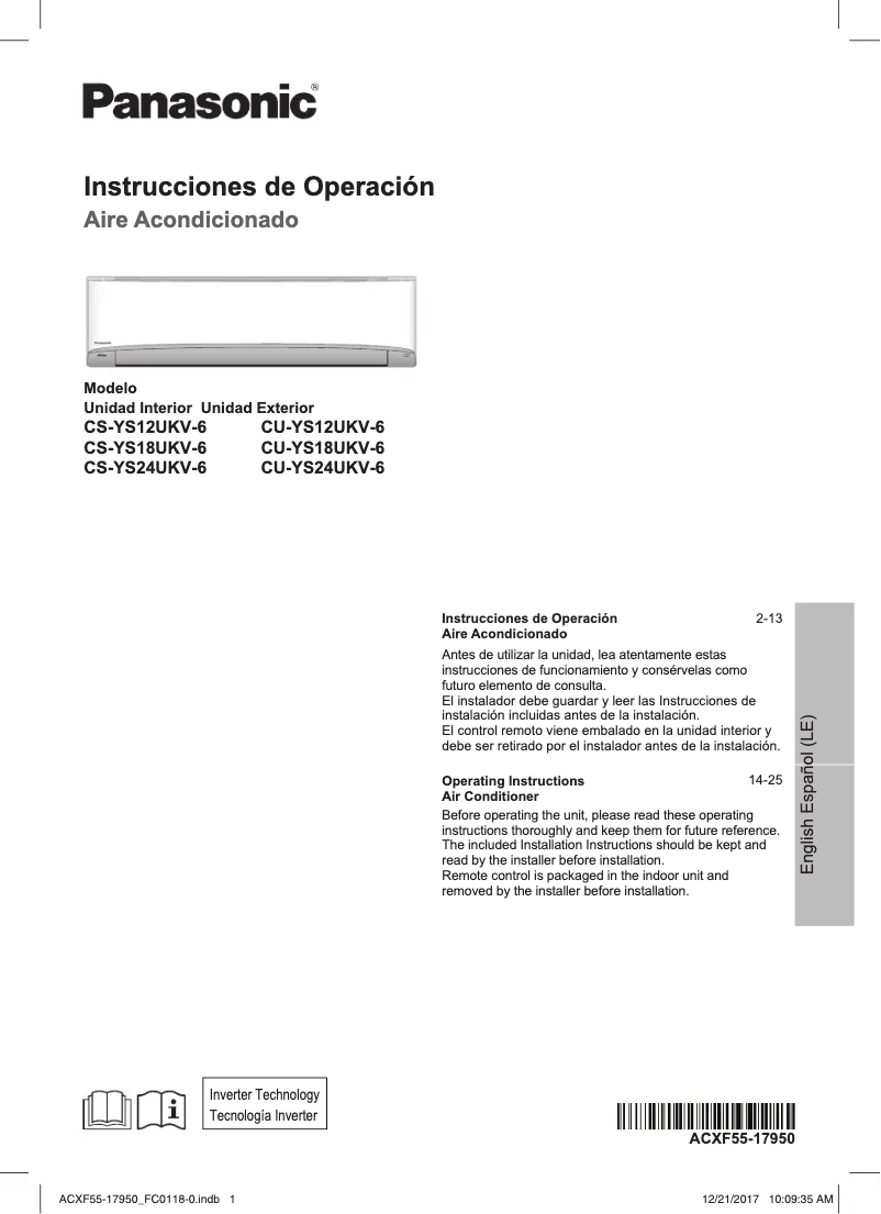 Page 1 of the manual User Manual Panasonic CS-YS18UKV-6