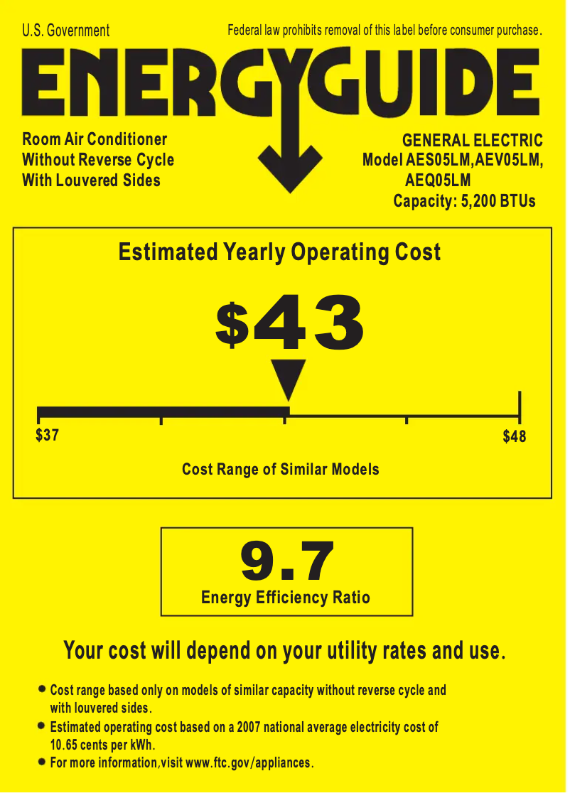 Page 1 of the manual Energy Label GE AEV05LM