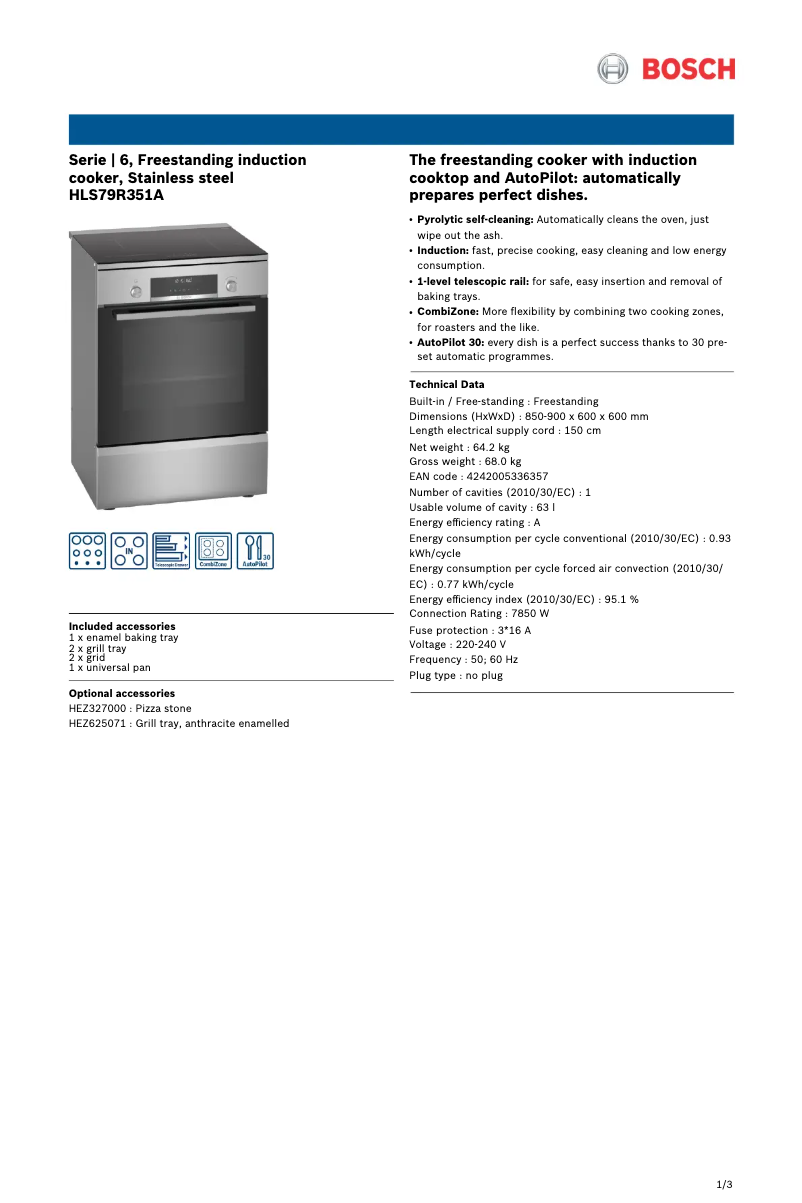 Page 1 of the manual Technical Sheet Bosch HLS79R351A