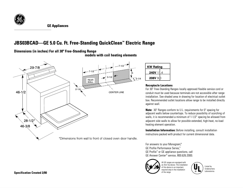 Page 1 of the manual Technical Sheet GE JBS03BCAD