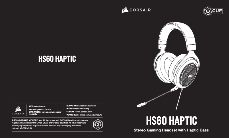 Page 1 of the manual Quick Start Guide Corsair HS60 Haptic