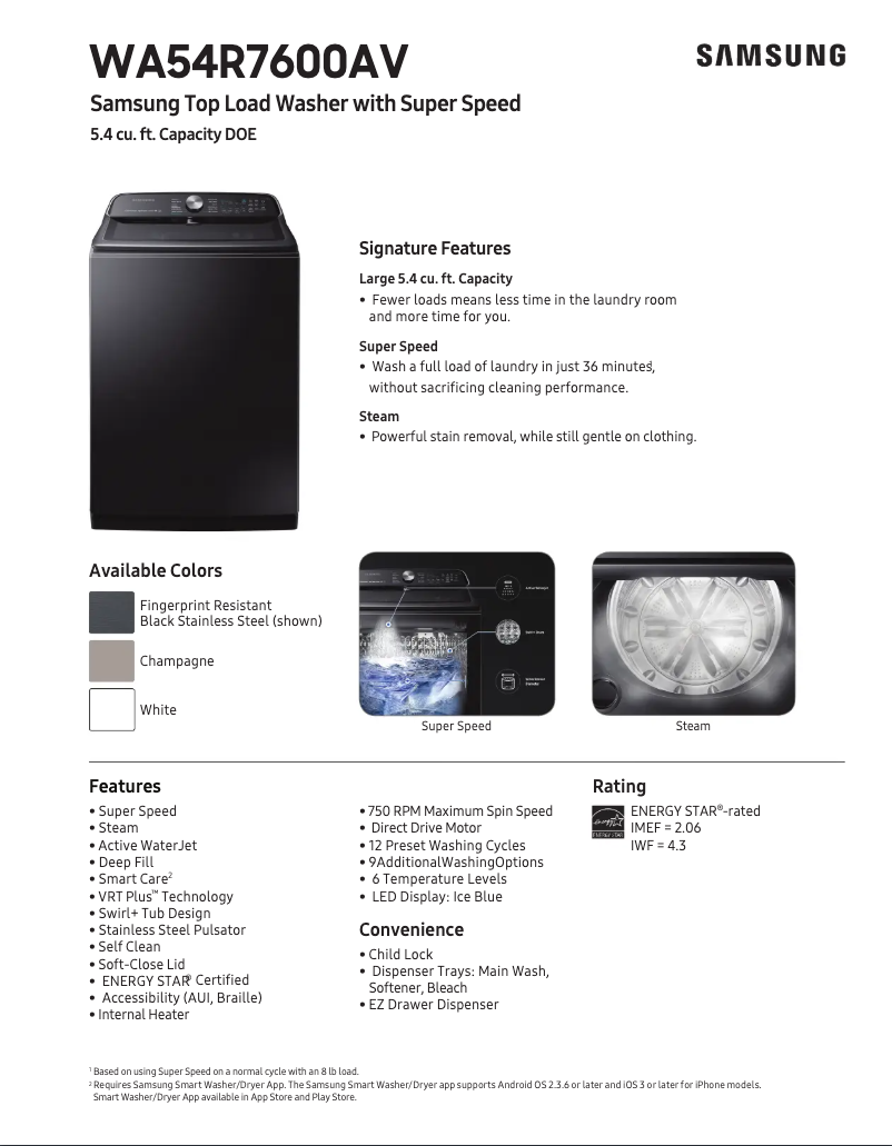 Page 1 of the manual Technical Sheet Samsung WA54R7600AC