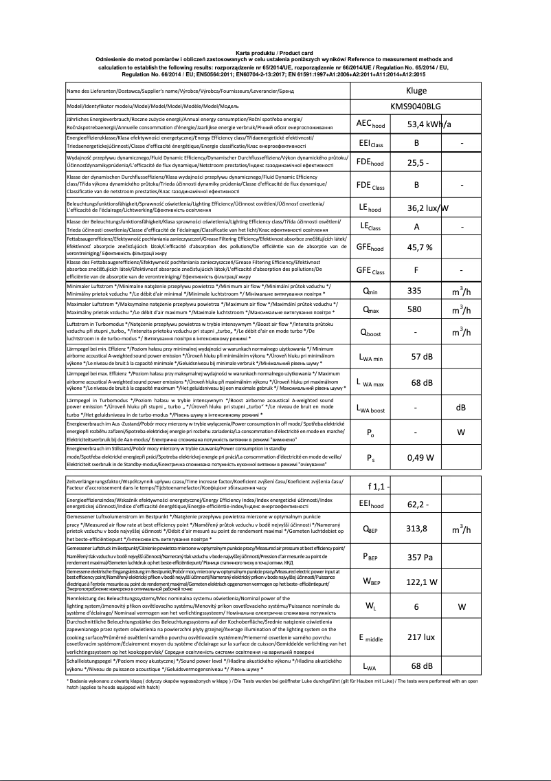 Page 1 of the manual Technical Sheet Kluge KMS9040BLG