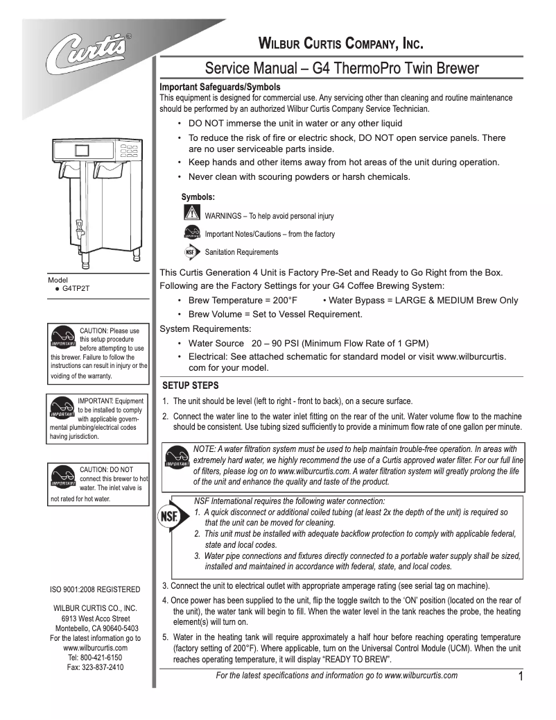Page 1 of the manual User Manual Wilbur Curtis G4TP 2T