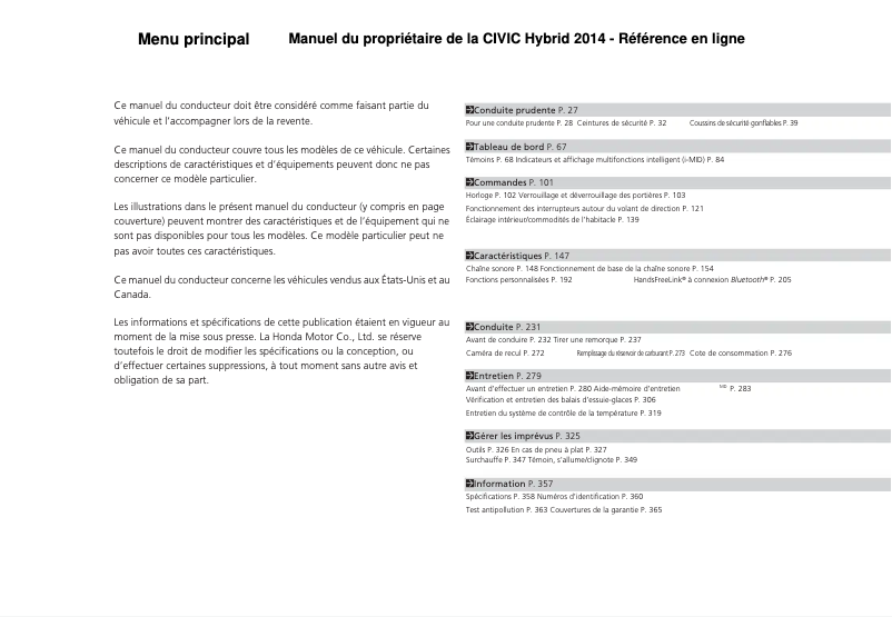 Page 1 of the manual User Manual Honda Civic Hybrid (2014)