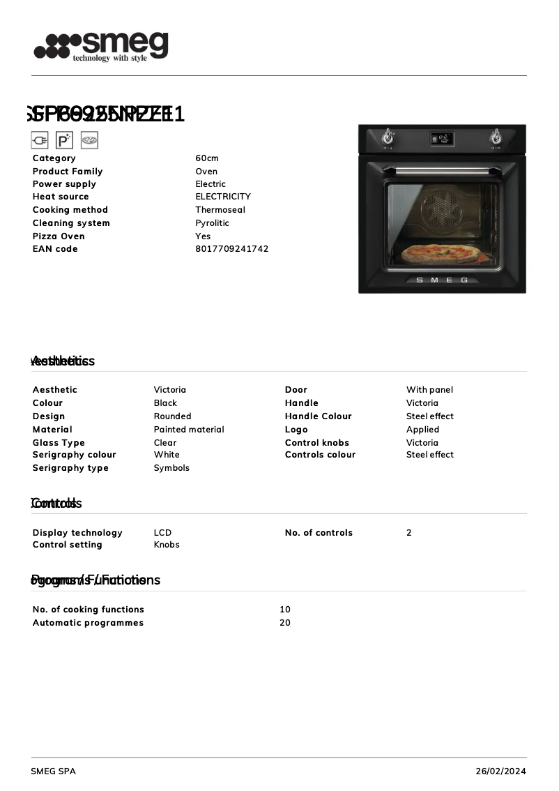 Page 1 of the manual Technical Sheet Smeg SFP6925NPZE1