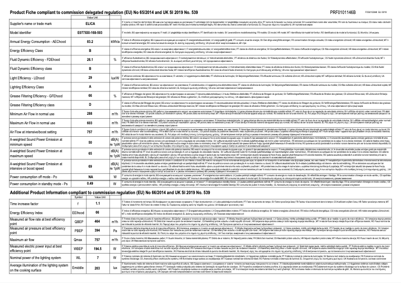 Page 1 of the manual Technical Sheet Elica STRIPE PRF0101146B