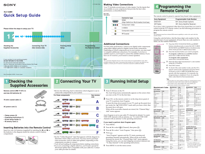 Page 1 of the manual Installation Guide Sony Wega KLV-32M1