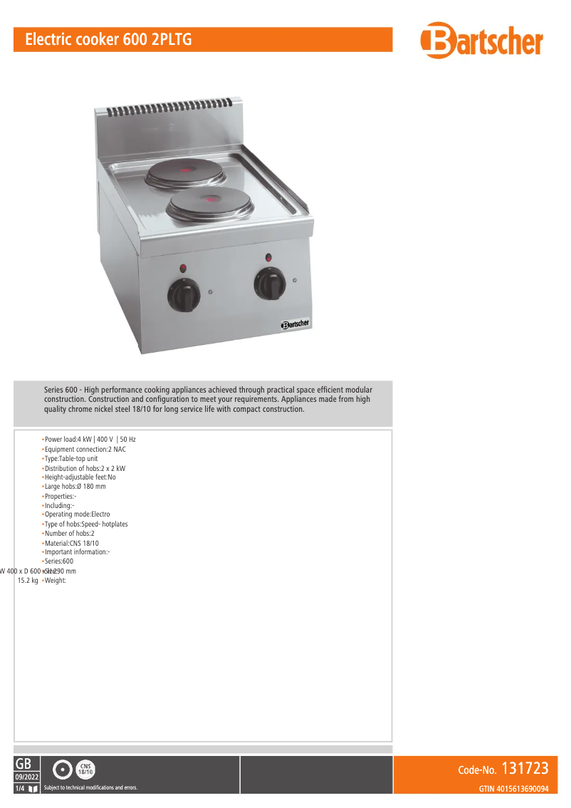 Page 1 of the manual User Manual Bartscher 131723