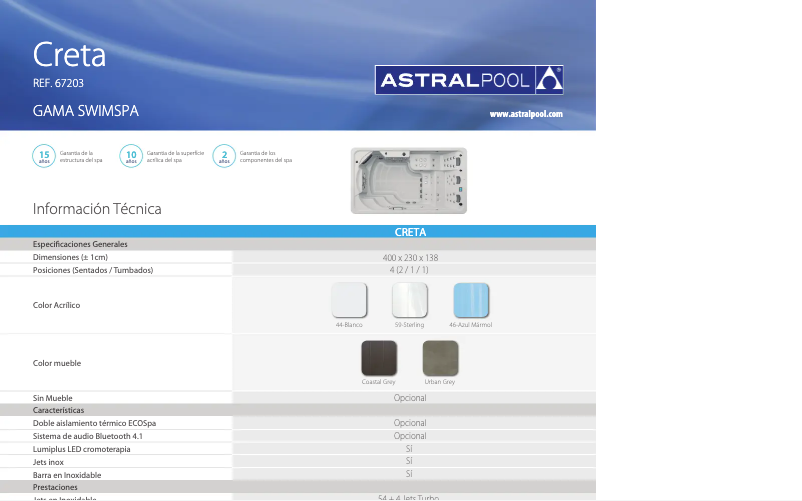 Page 1 of the manual Technical Sheet AstralPool Swimspa CRETA