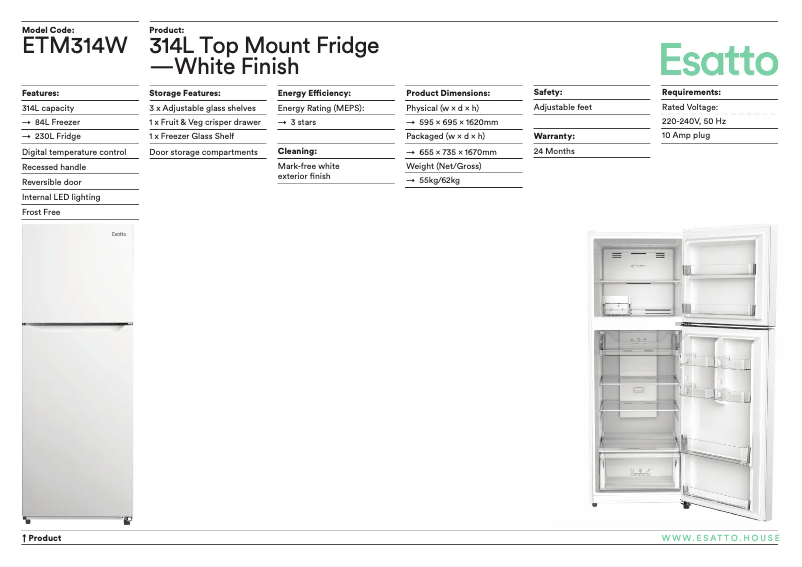 Page 1 of the manual Technical Sheet Esatto ETM314W