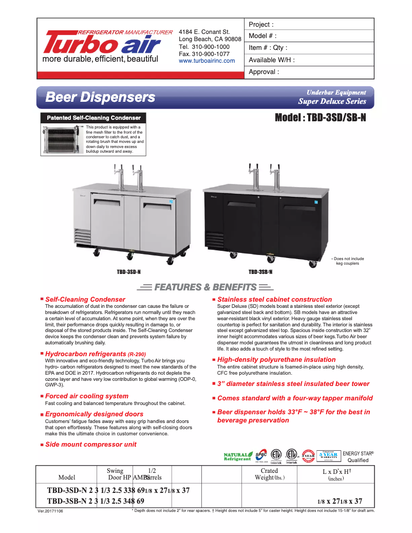 Page 1 of the manual Technical Sheet Turbo air TBD-3SD