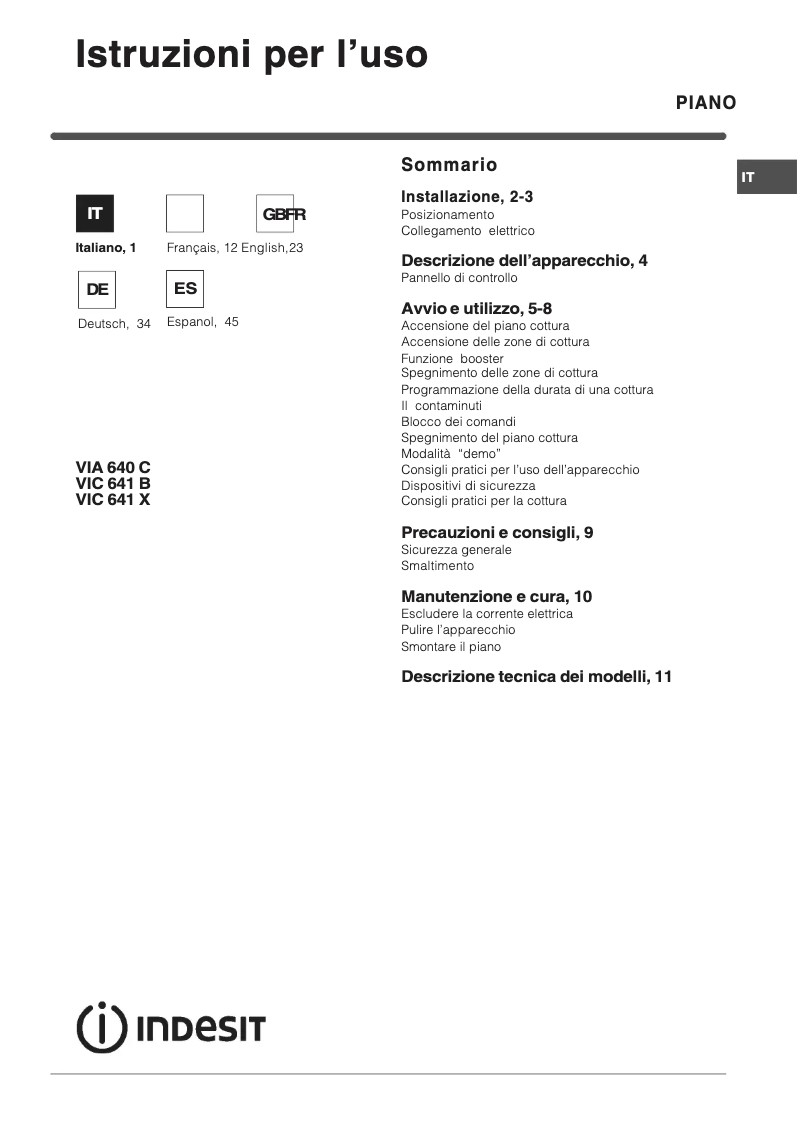 Page 1 of the manual User Manual Indesit VIC 641 B