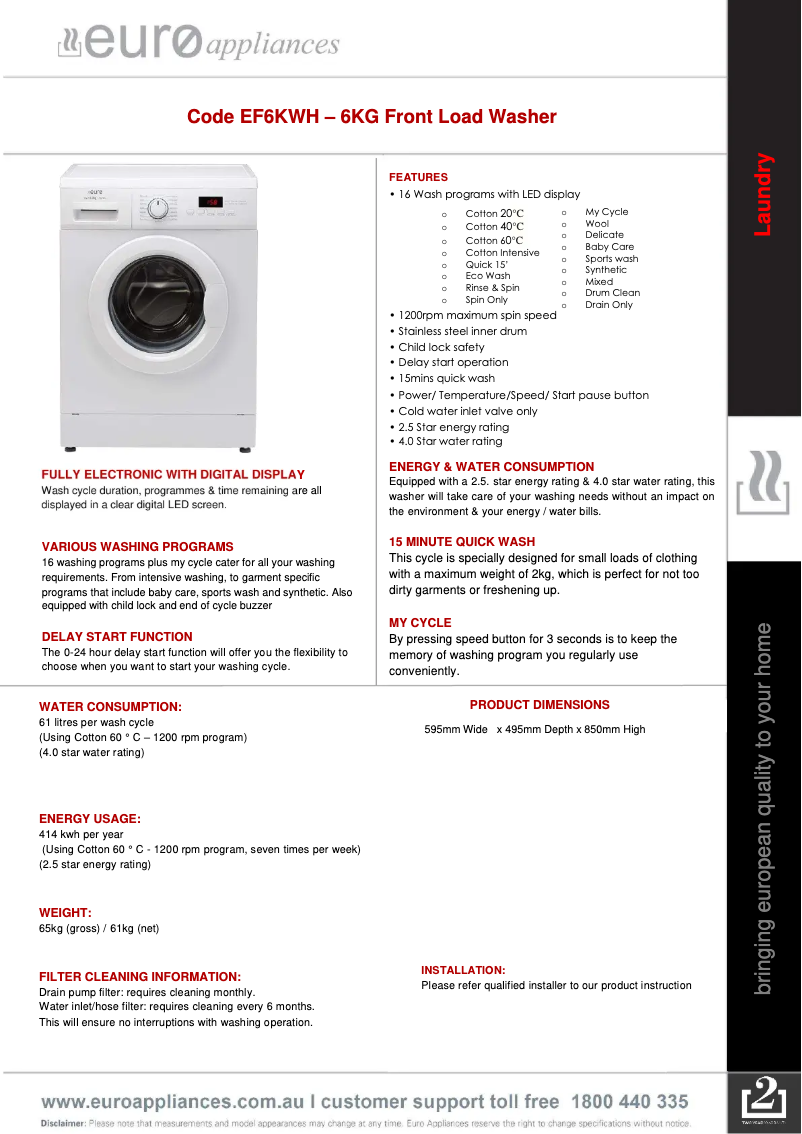 Page 1 of the manual Technical Sheet Euro Appliances EF6KWH