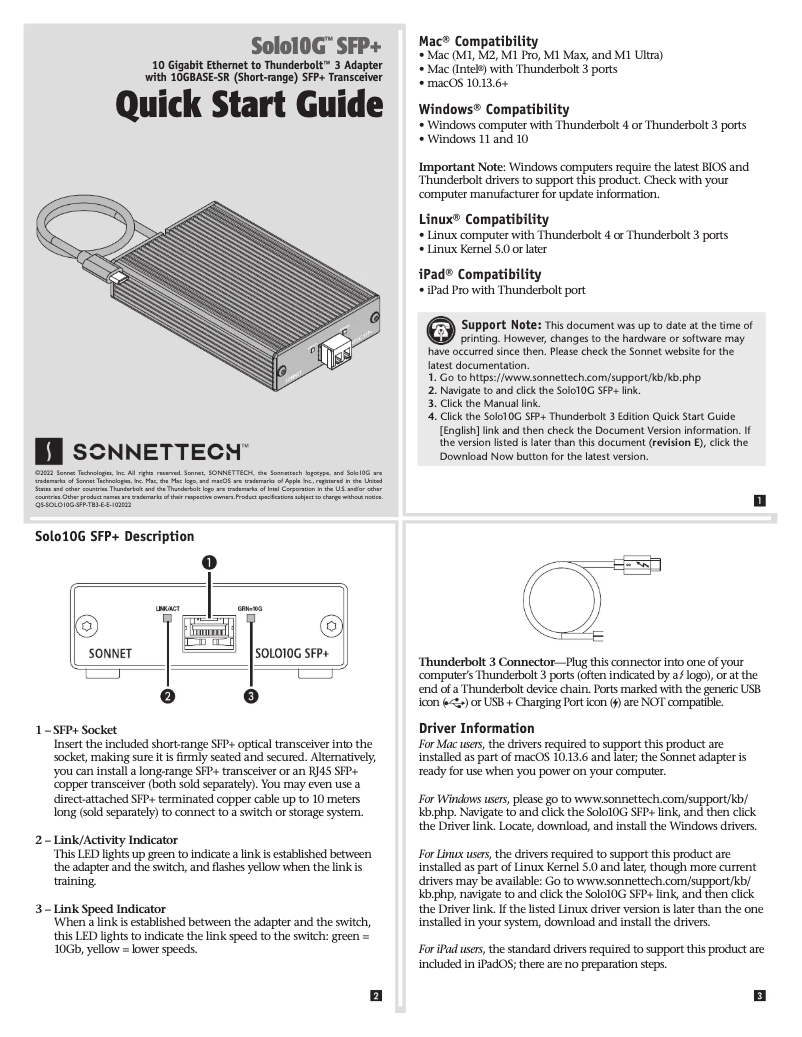 Page 1 of the manual User Manual Sonnet Solo10G SFP+