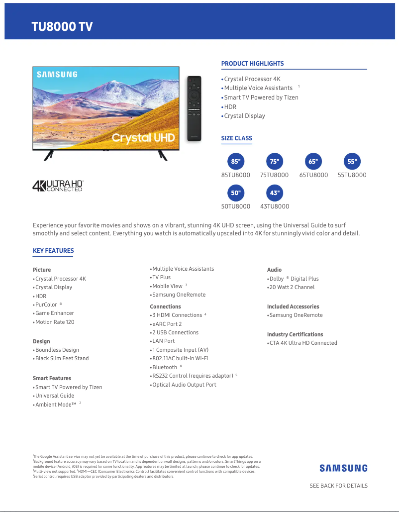 First page image of the manual for UN75TU8000FXZA