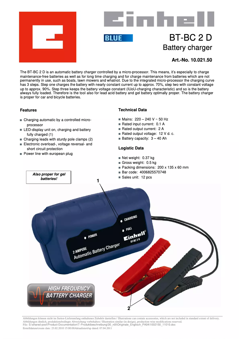Page 1 of the manual User Manual Einhell BT-BC 2 D