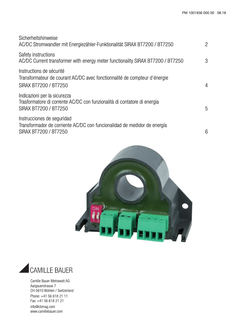 Page 1 of the manual Safety Instructions Camille Bauer SIRAX BT7250