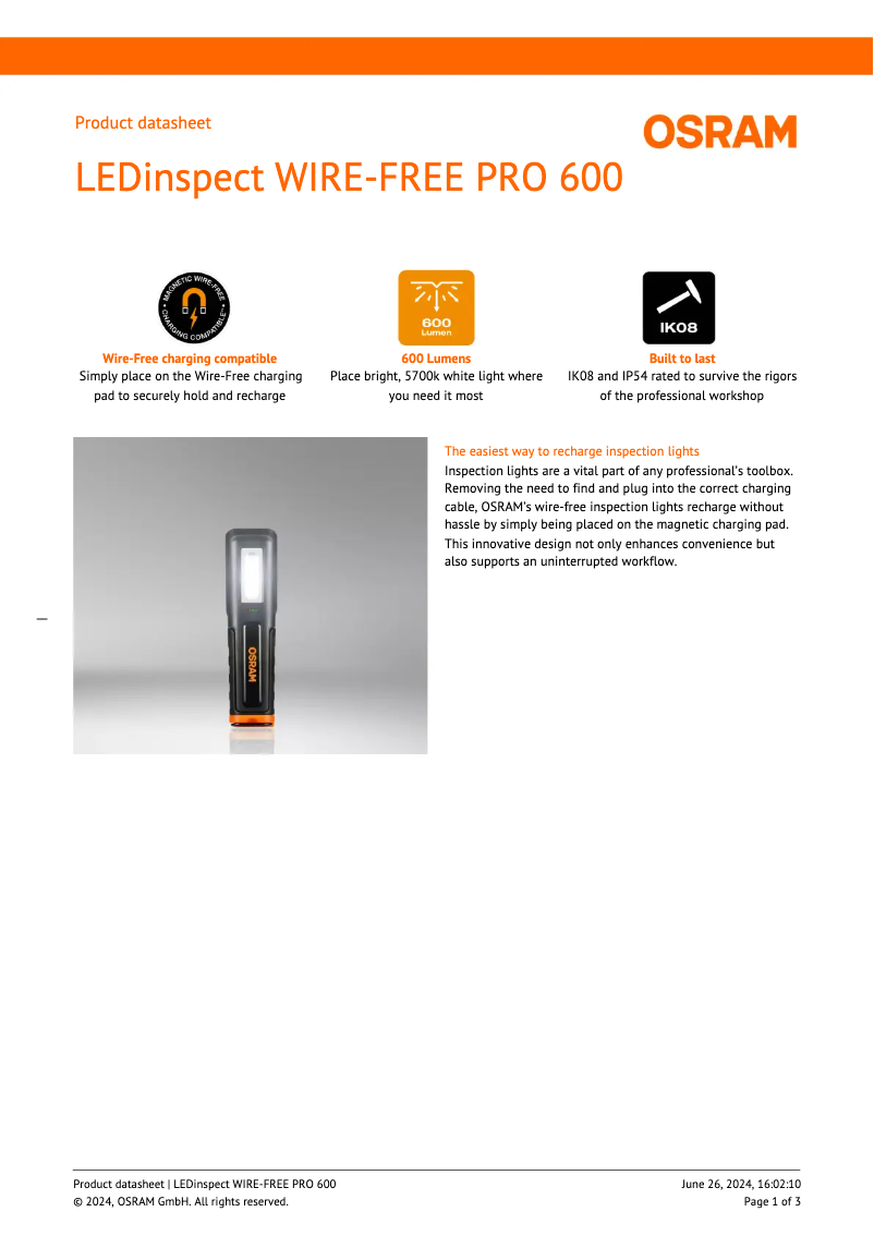 Page 1 of the manual Technical Sheet Osram LEDinspect WIRE-FREE PRO 600