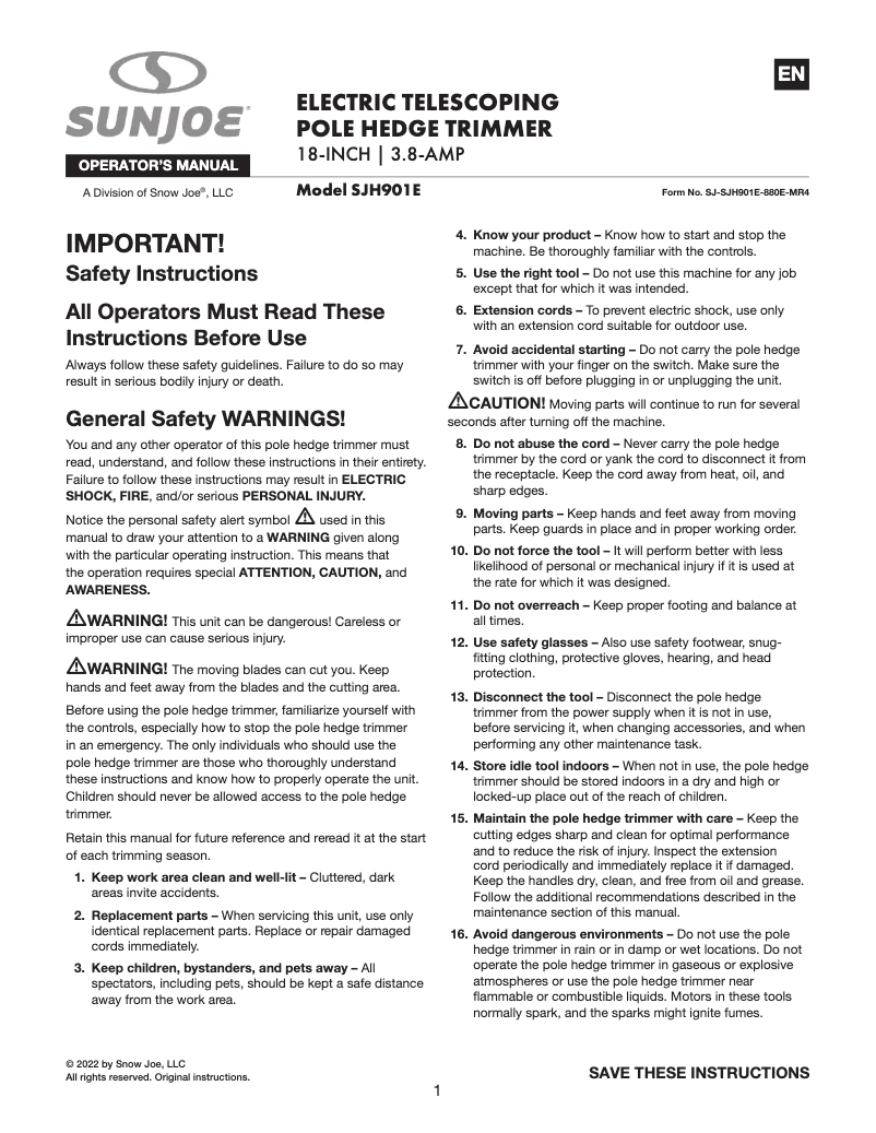 Page 1 of the manual User Manual Sun Joe SJH901E