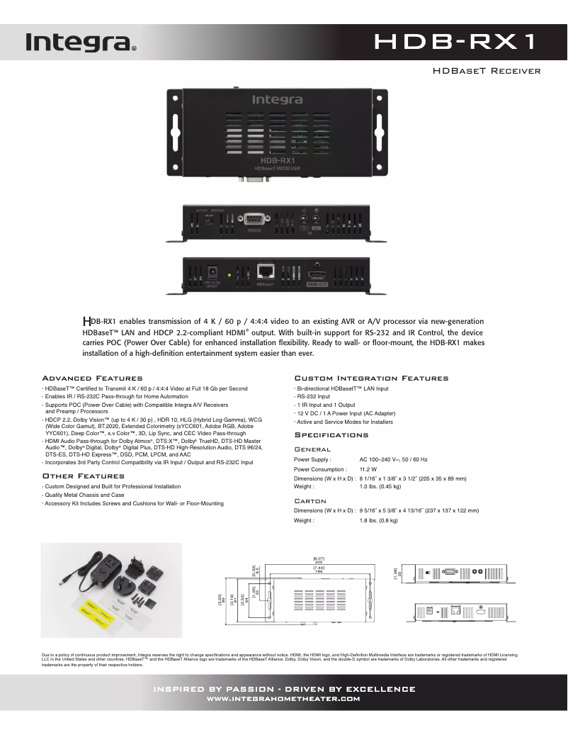 Page 1 de la notice Fiche technique Integra HD-BRX1