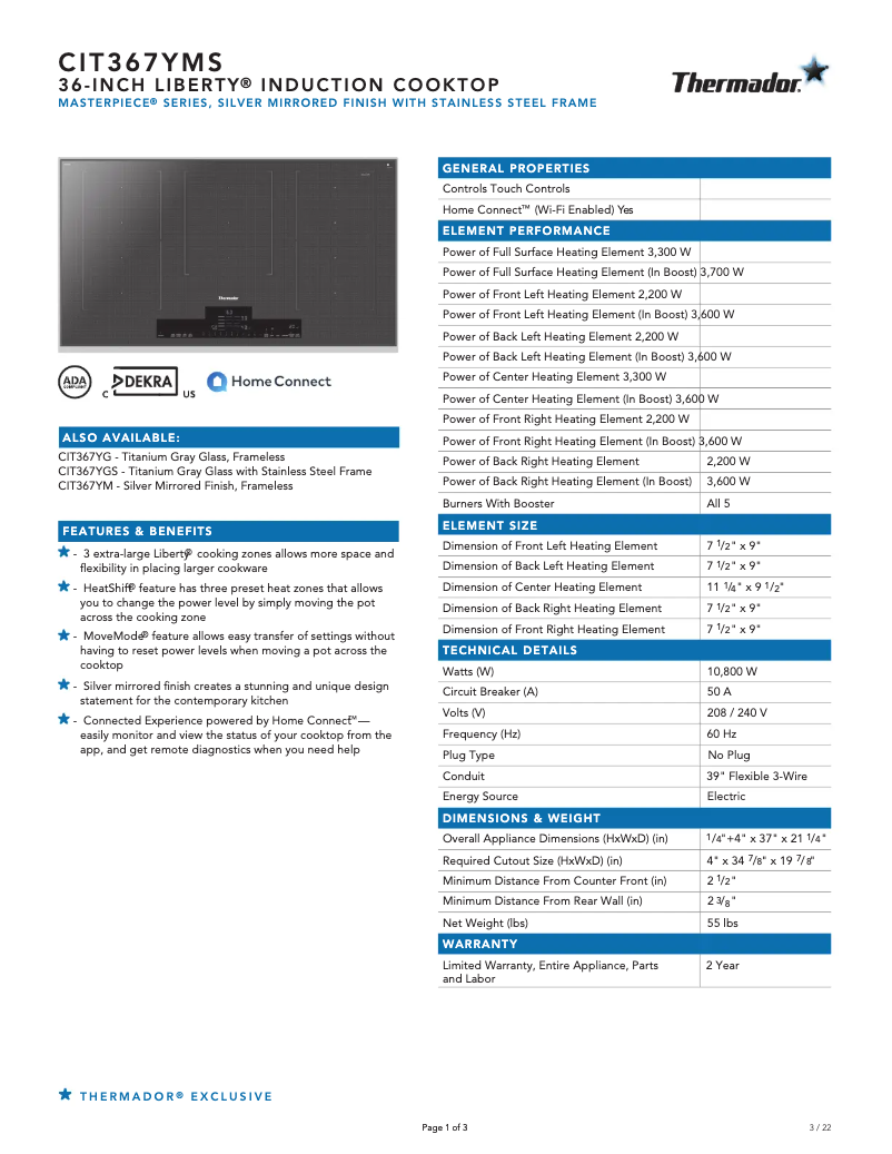 Page 1 of the manual Technical Sheet Thermador CIT367YMS