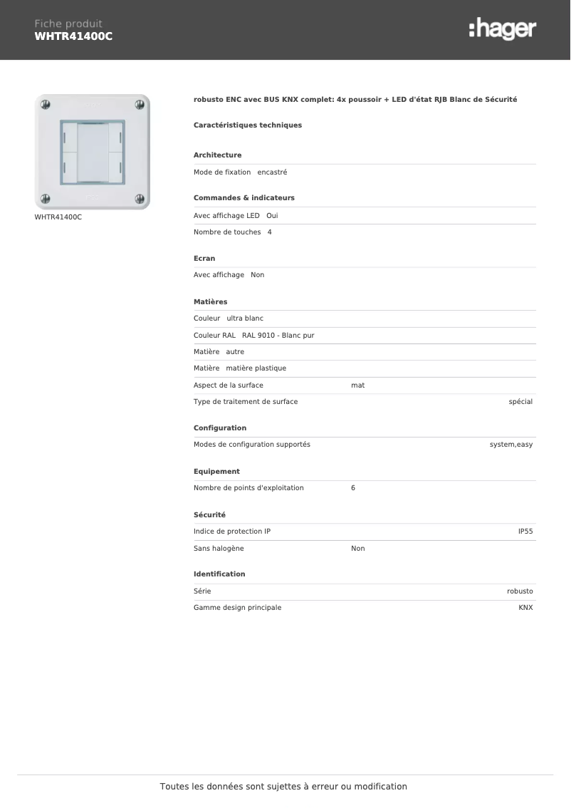 Page 1 of the manual Technical Sheet Hager WHTR41400C