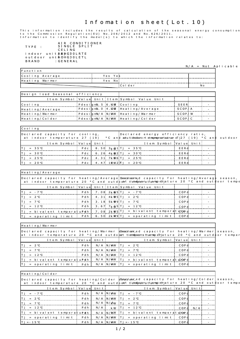 Page 1 de la notice Fiche technique Fujitsu ABHG30LRTE