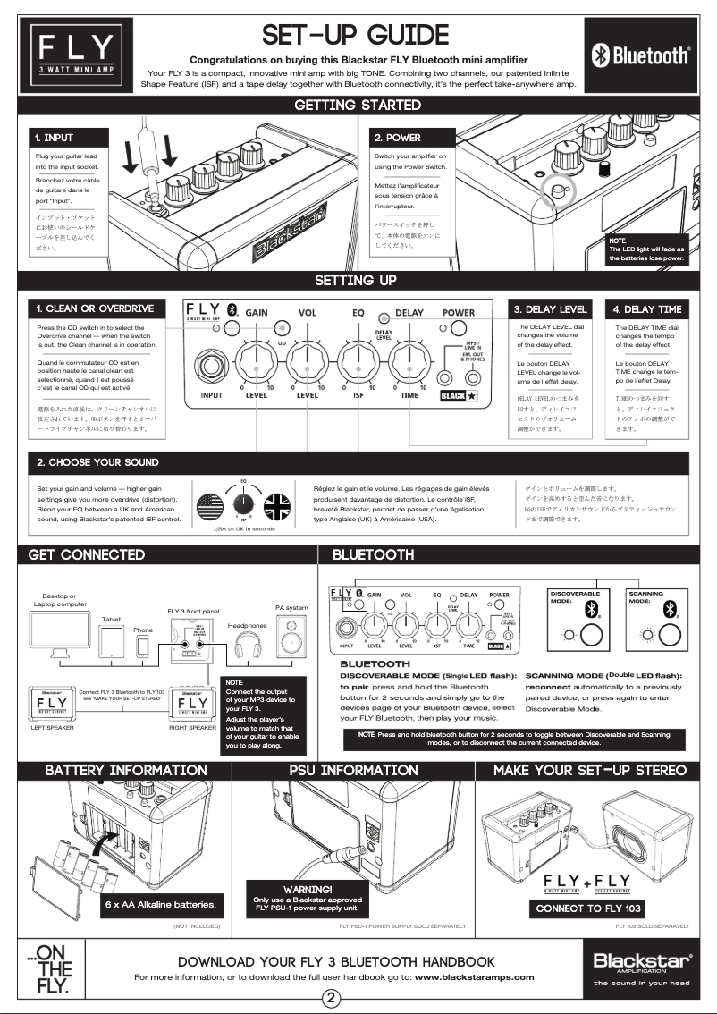 Page 1 of the manual Quick Start Guide Blackstar FLY 3 Bluetooth