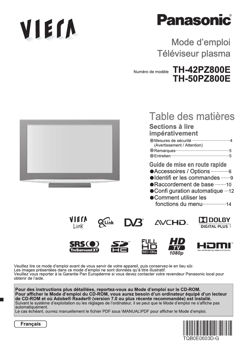 First page image of the manual for Viera TH-50PZ800E