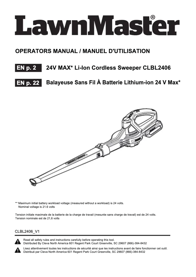 Page 1 of the manual User Manual LawnMaster CLBL2406