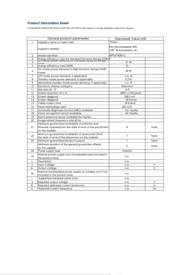 Page 1 of the manual Technical Sheet Philips 43PUS7608