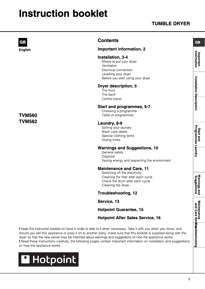 Page 1 of the manual User Manual Hotpoint TVM562G
