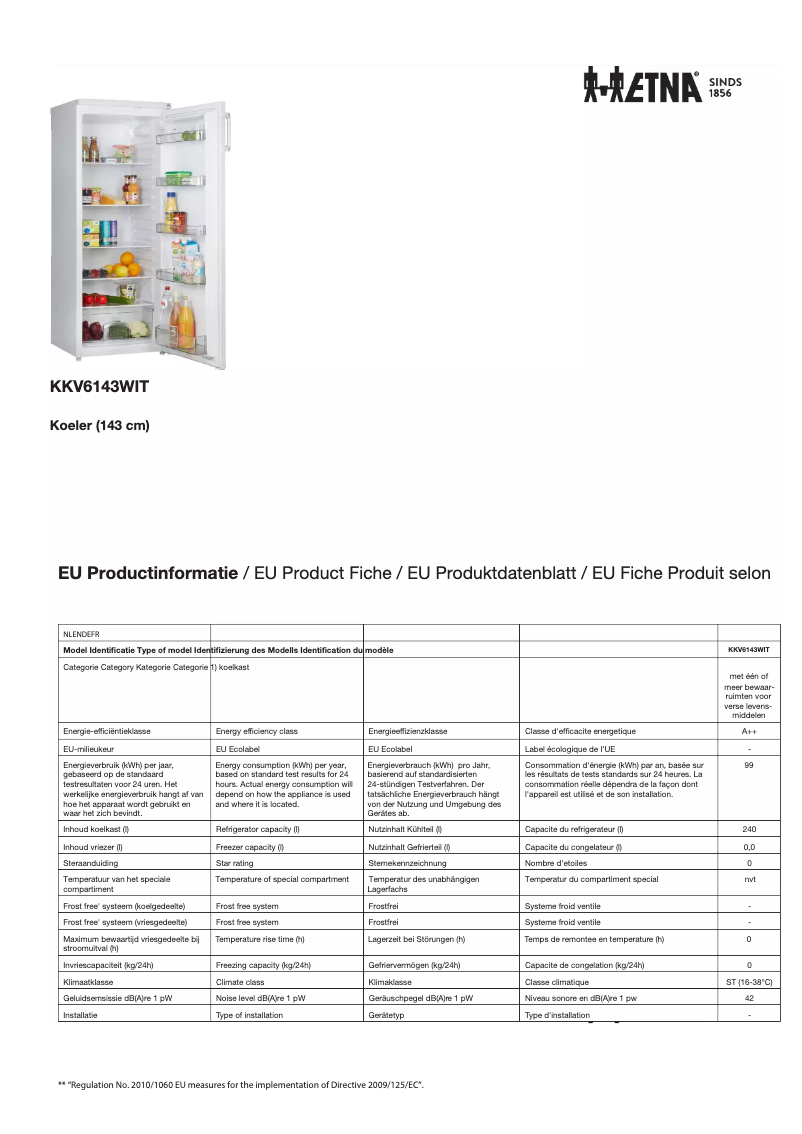 Page 1 of the manual Technical Sheet Etna KKV6143WIT