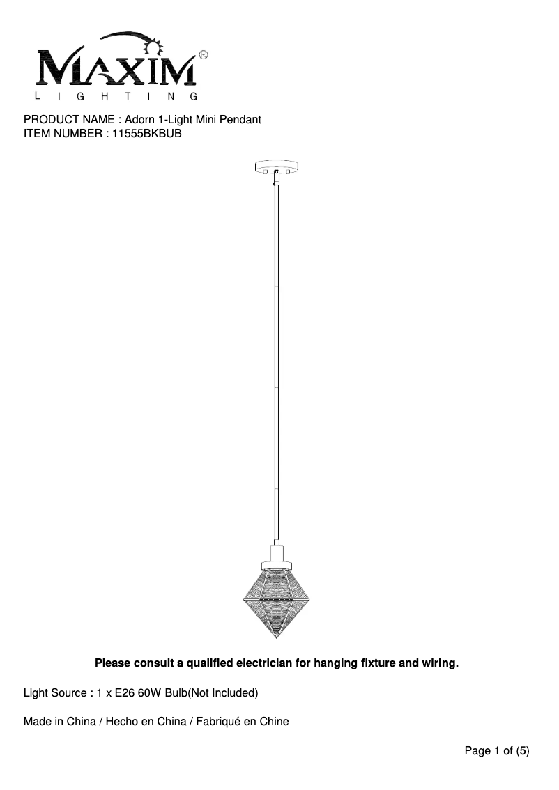 First page image of the manual for Adorn 11555BKBUB