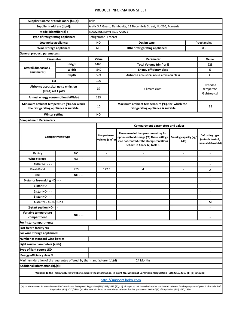 Page 1 of the manual Technical Sheet Beko RDSA240K45W2
