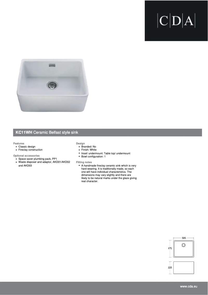 Page 1 of the manual Technical Sheet CDA KC11WH
