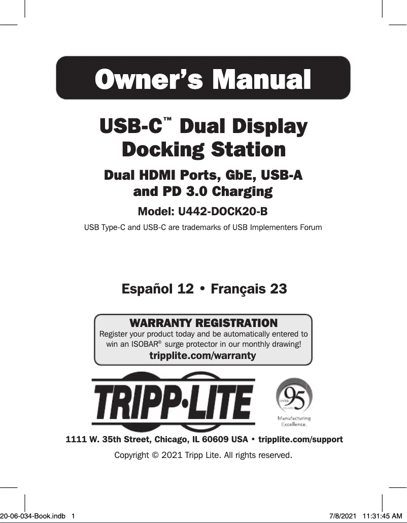 First page image of the manual for U442-DOCK20-B