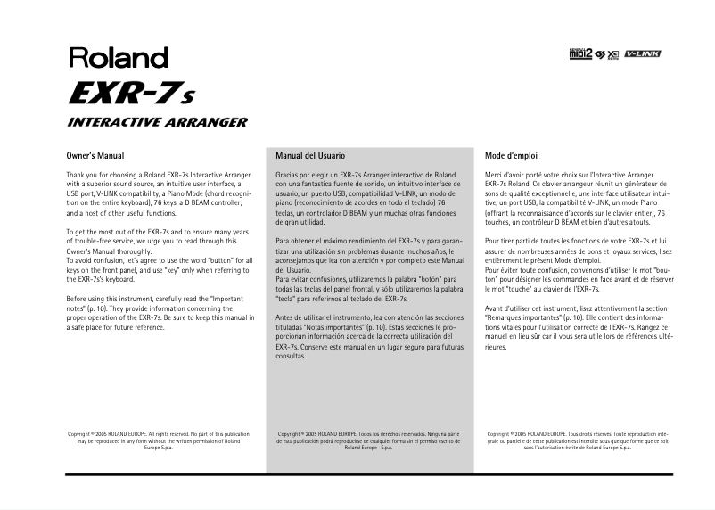 Page 1 of the manual User Manual Roland EXR-7s