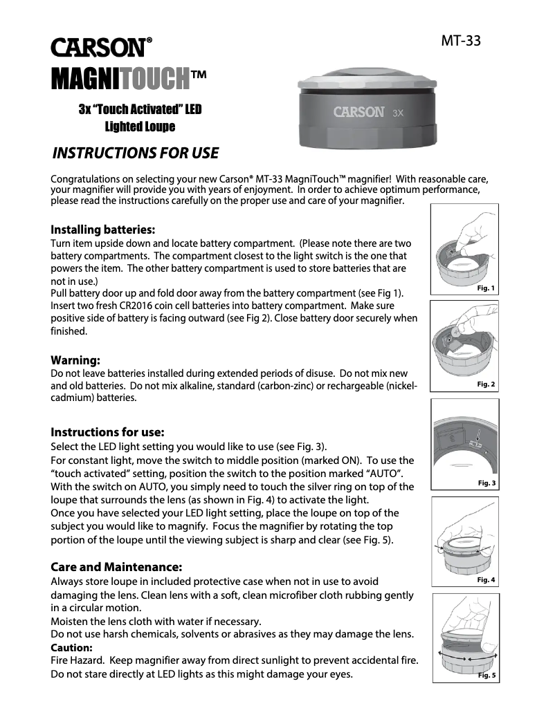 Page 1 of the manual User Manual Carson MagniTouch MT-33
