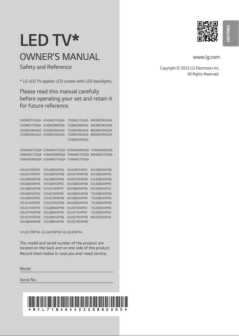 First page image of the manual for 86QNED85SQA