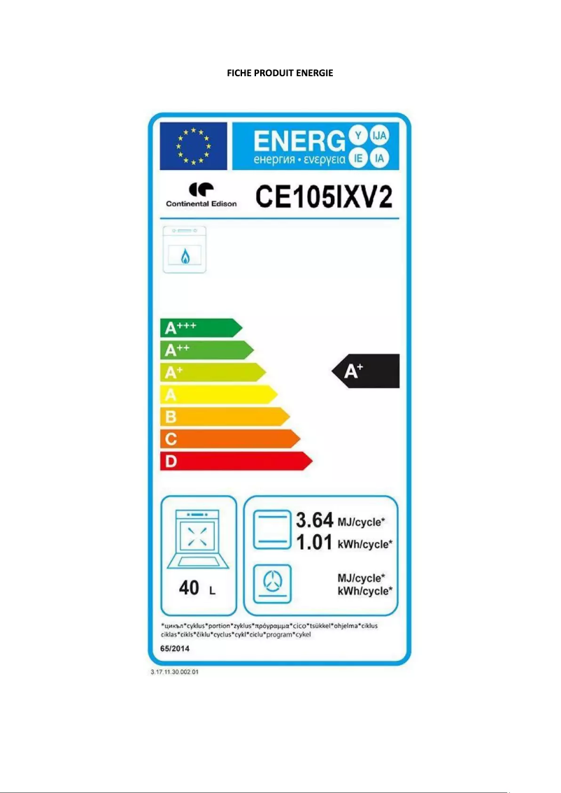 Page 1 of the manual Energy Label Continental Edison CE105WV2