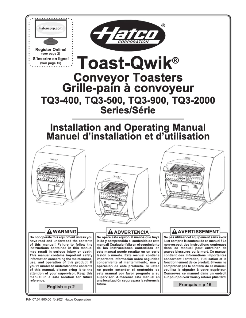 First page image of the manual for Toast-Qwik TQ3-2000H