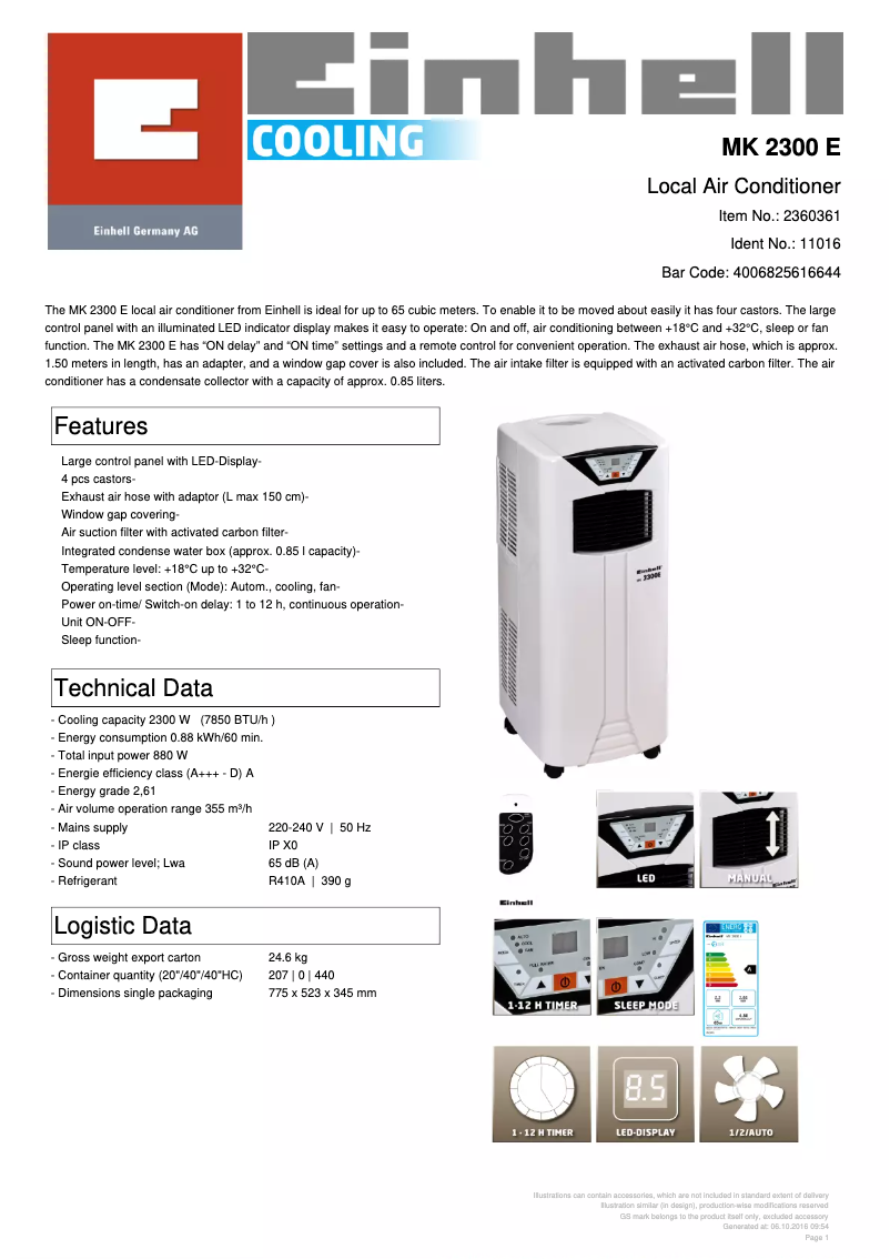 Page 1 of the manual Technical Sheet Einhell MK 2300 E