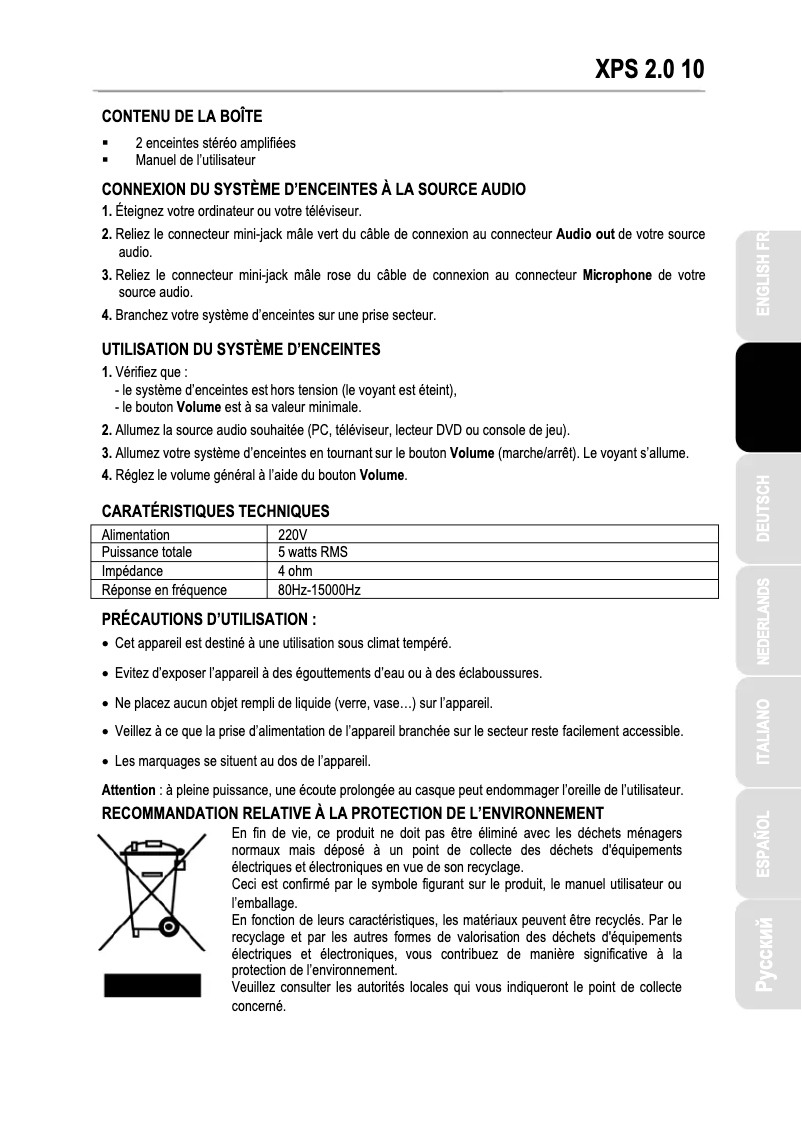 Page 1 de la notice Manuel utilisateur Hercules XPS 2.0 10