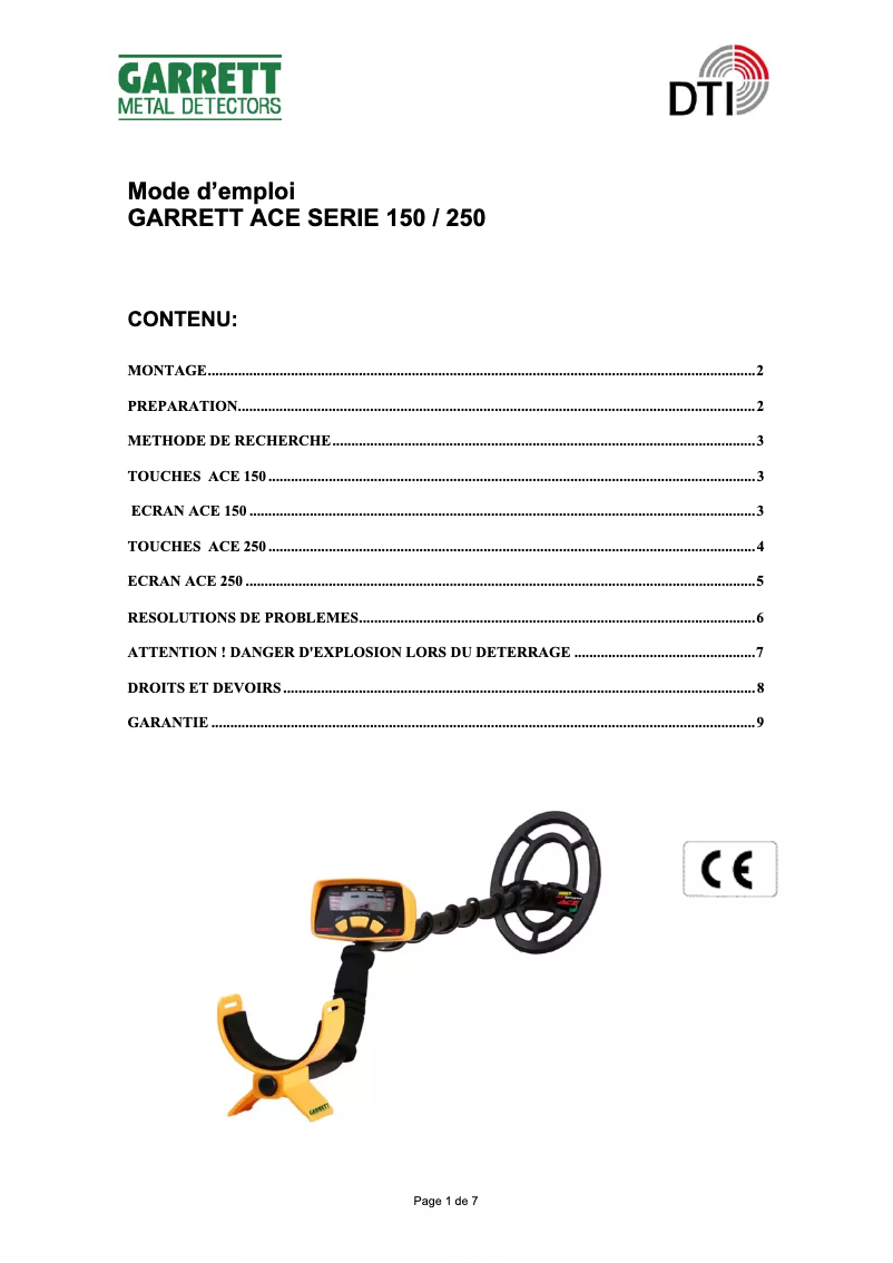 Page 1 of the manual User Manual Garrett ACE 150