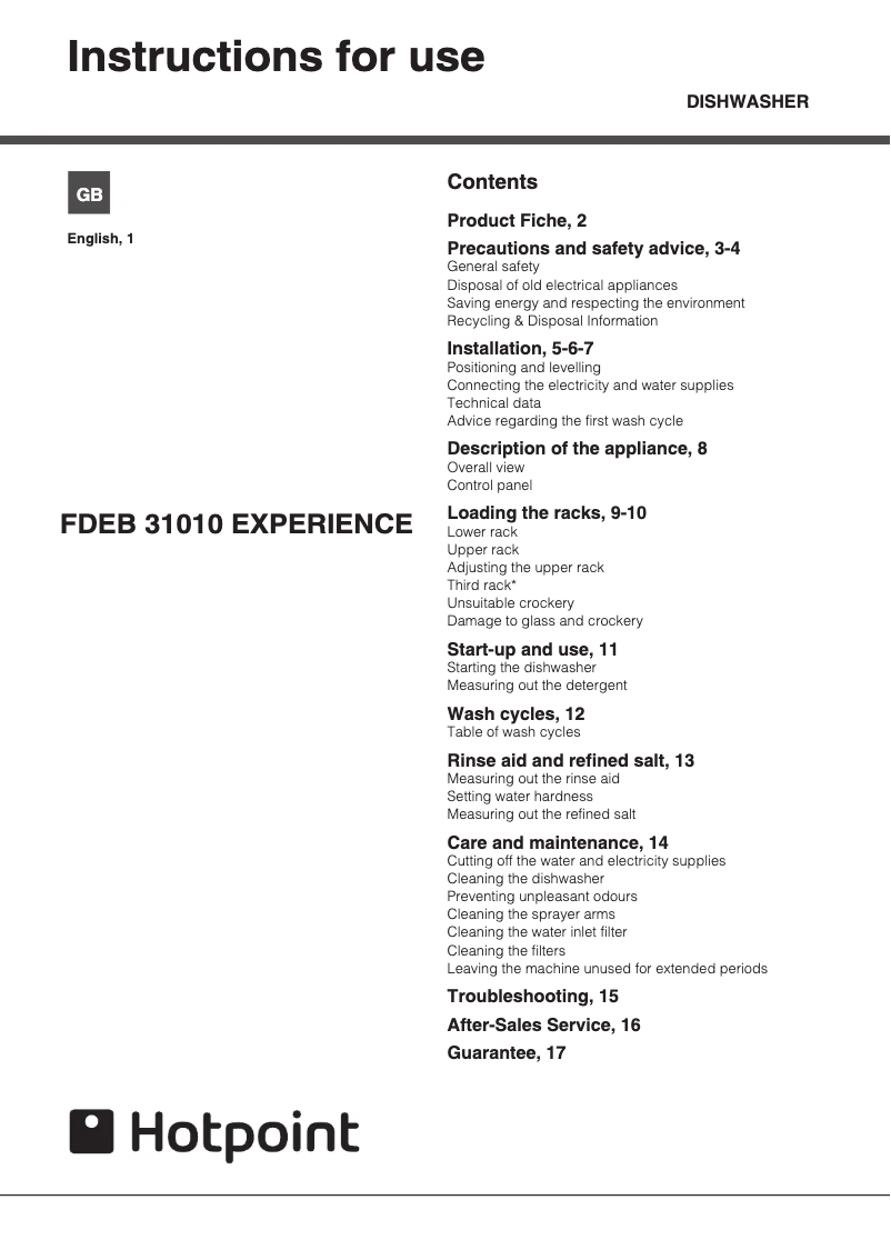 Page 1 of the manual User Manual Hotpoint FDEB 31010 G Aquarius