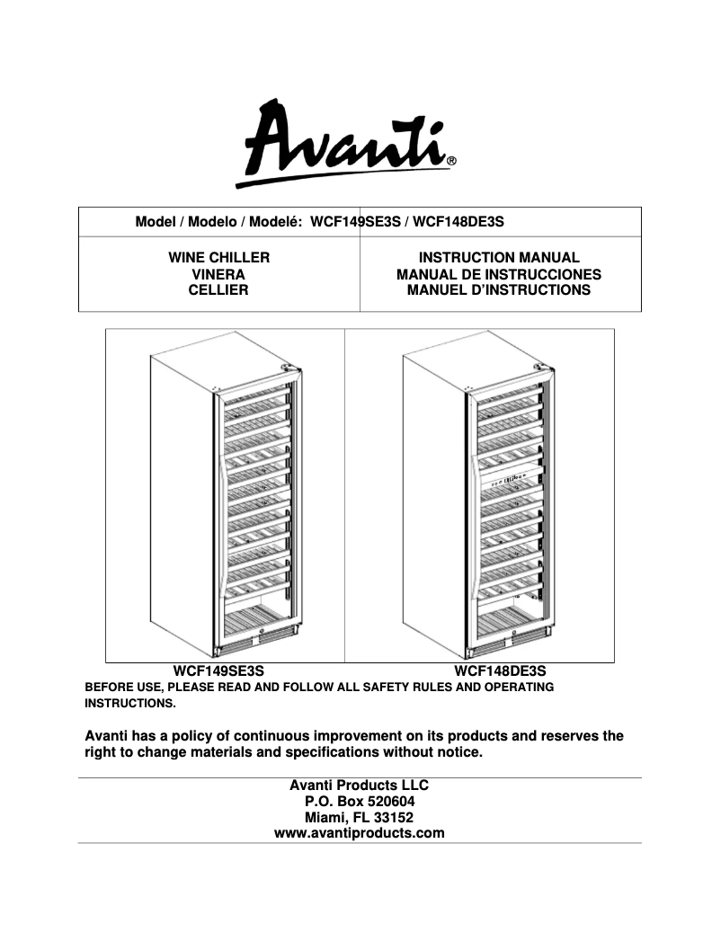 Page 1 of the manual User Manual Avanti WCF149SE3S