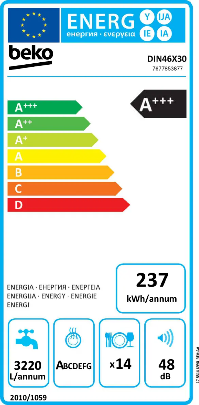 Page 1 of the manual Energy Label Beko DIN46X30