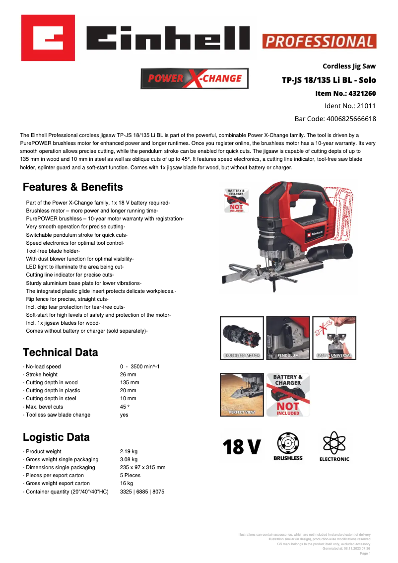 Page 1 of the manual Technical Sheet Einhell TP-JS 18/135 Li BL